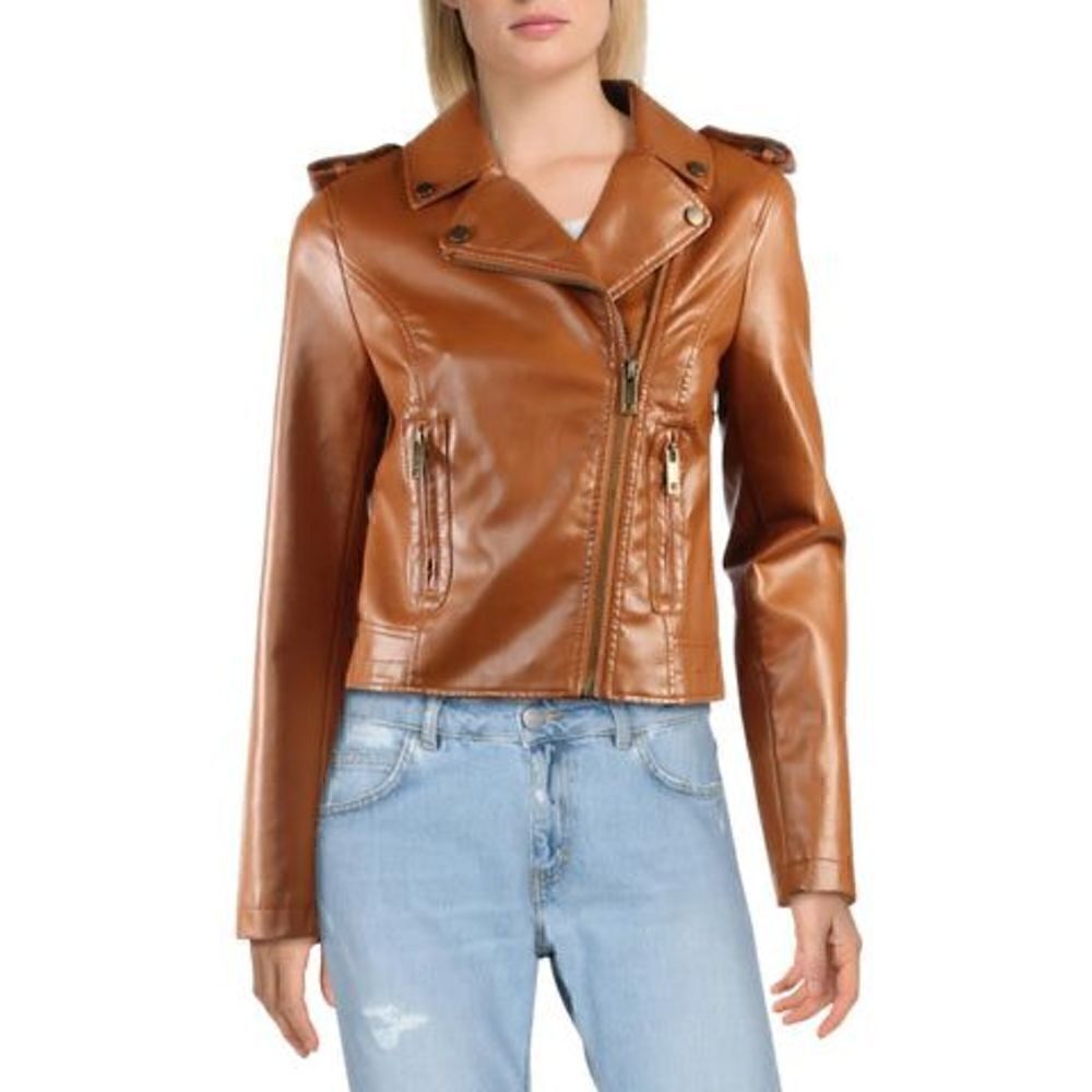 Womens Faux Leather Fall Motorcycle Jacket Brown Size small